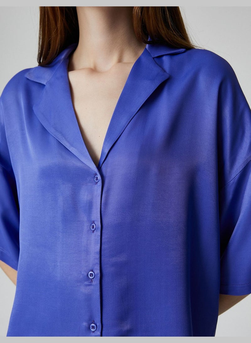 Button Detail Short Sleeve Viscose Satin Shirt