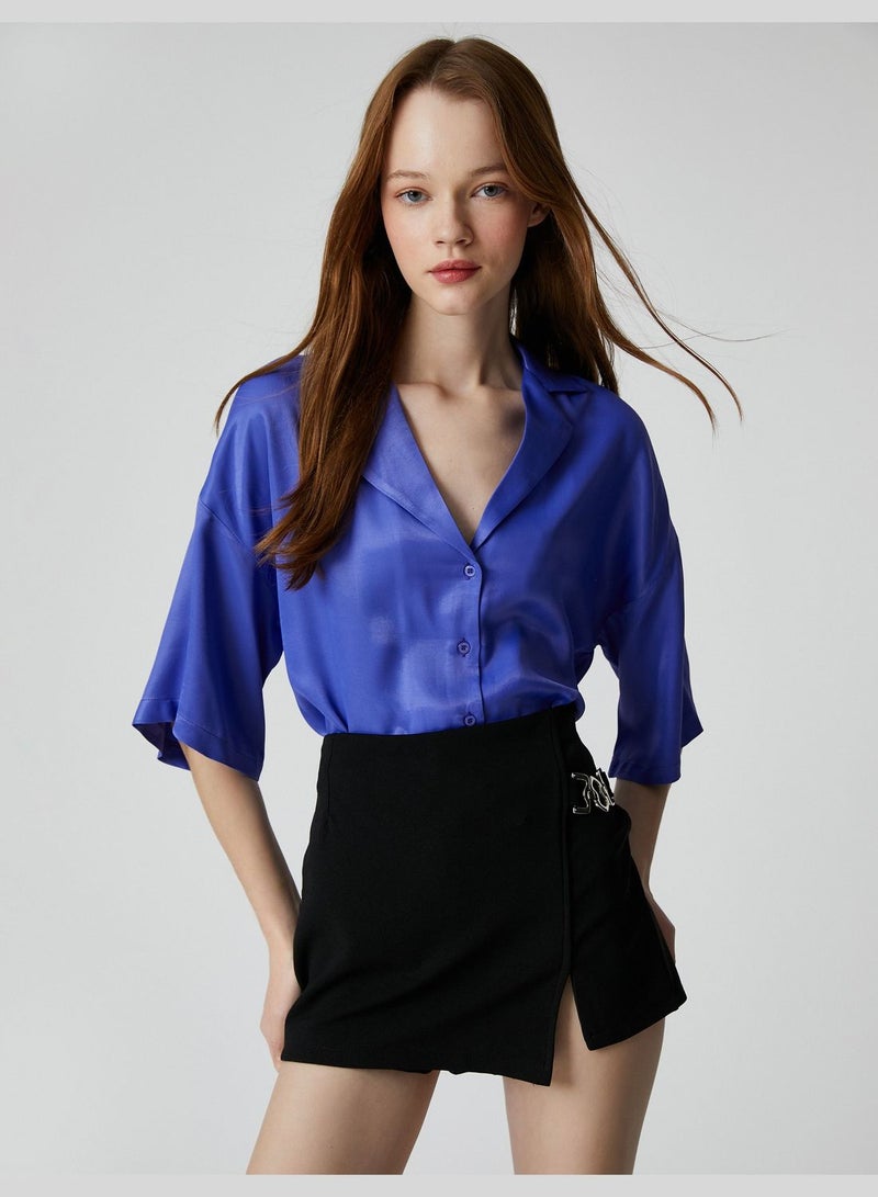 Button Detail Short Sleeve Viscose Satin Shirt