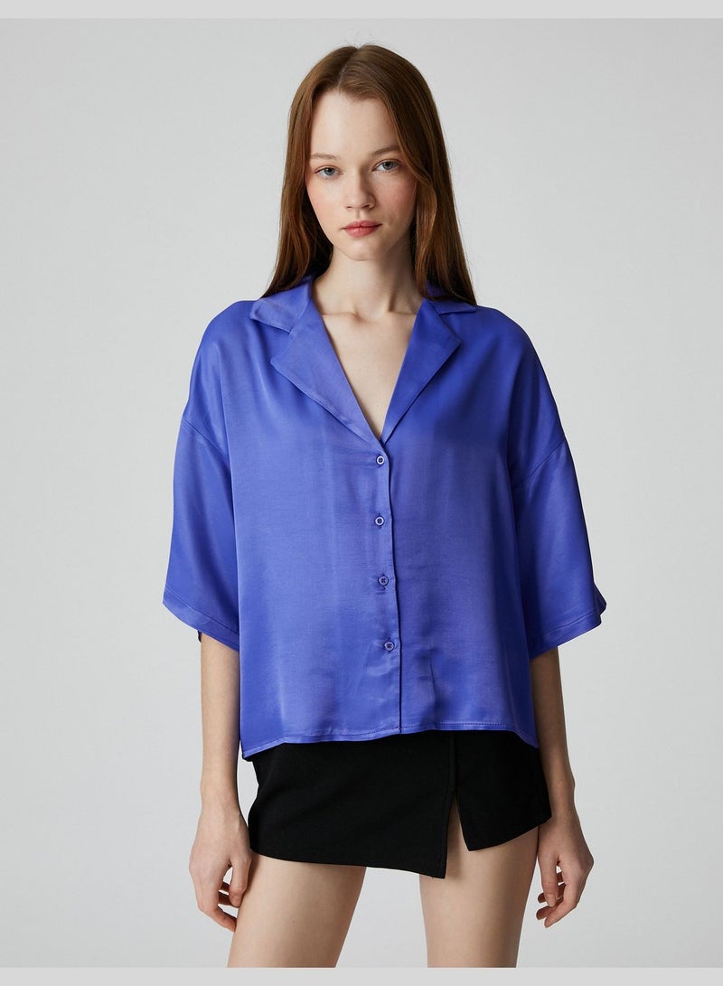 Button Detail Short Sleeve Viscose Satin Shirt