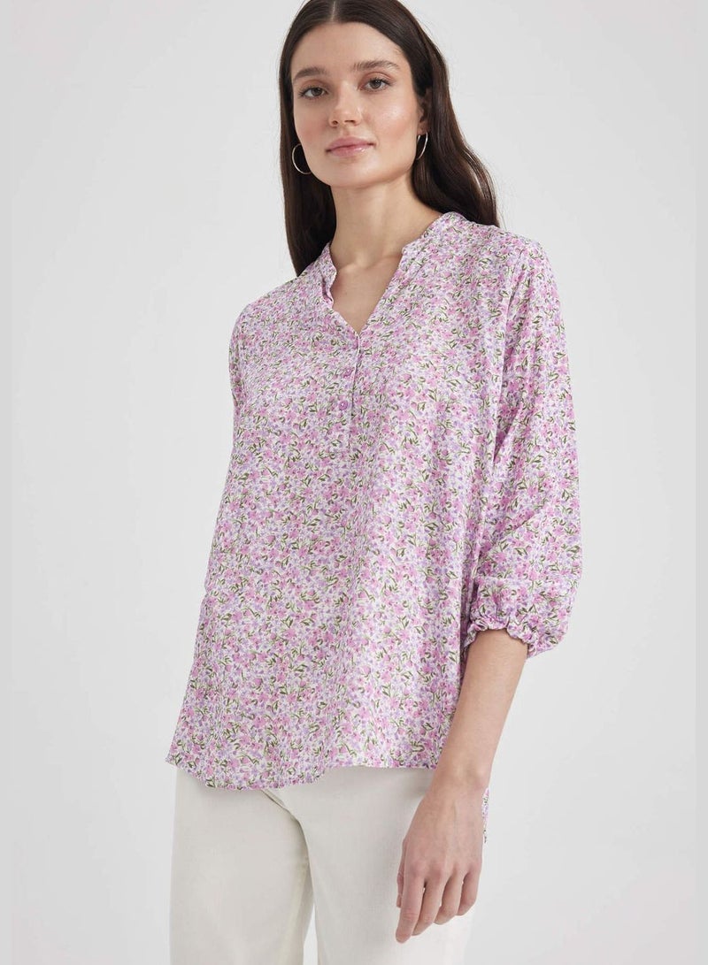 Printed Collar Shirt With Ruffle Detailed Cuffs