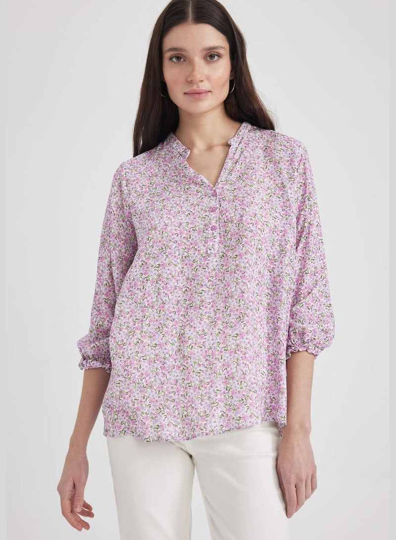 Printed Collar Shirt With Ruffle Detailed Cuffs