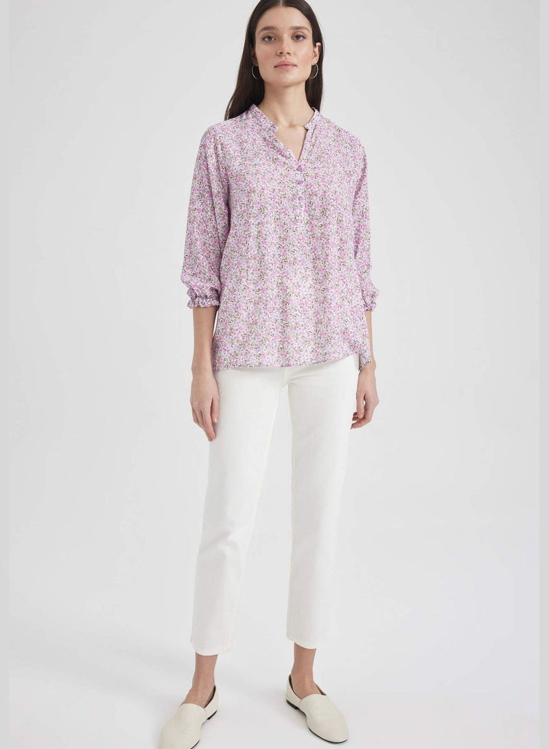 Printed Collar Shirt With Ruffle Detailed Cuffs