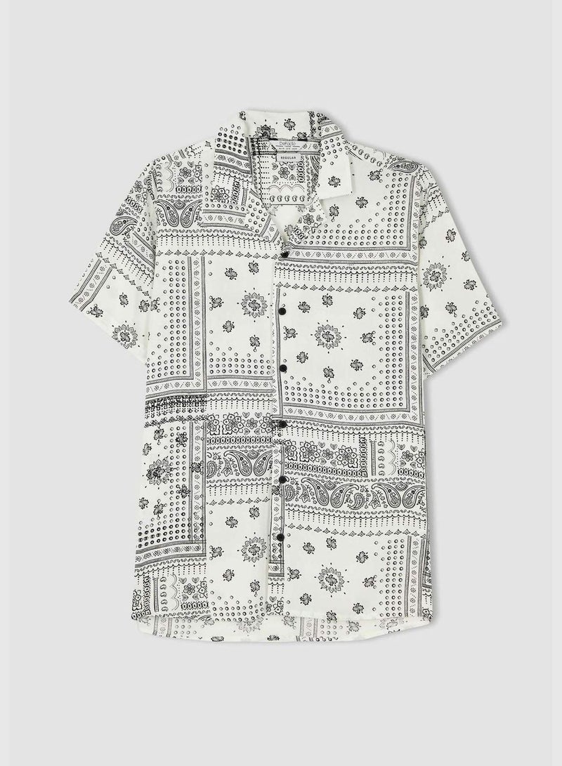 Regular Fit Short Sleeve Ethnic Print Viscose Shirt