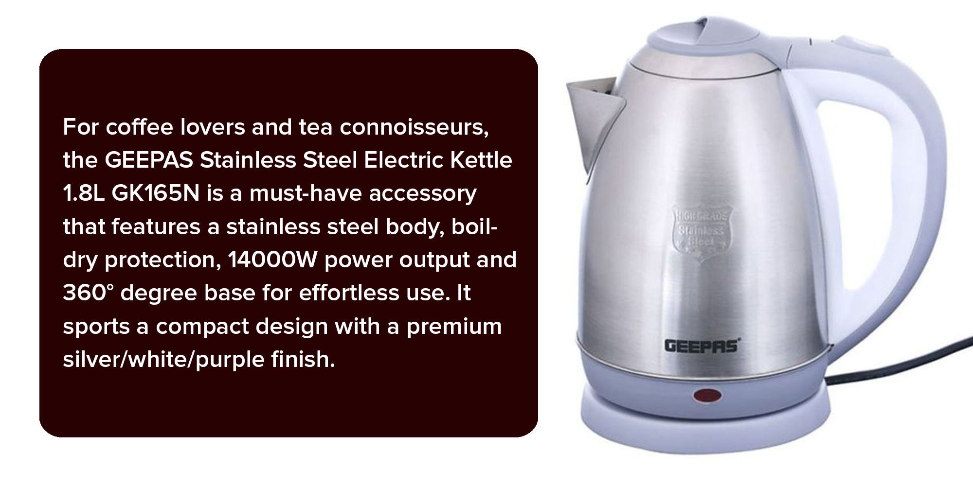 Stainless Steel Electric Kettle 1400W 1400.0 W GK5466 Silver/White/Purple