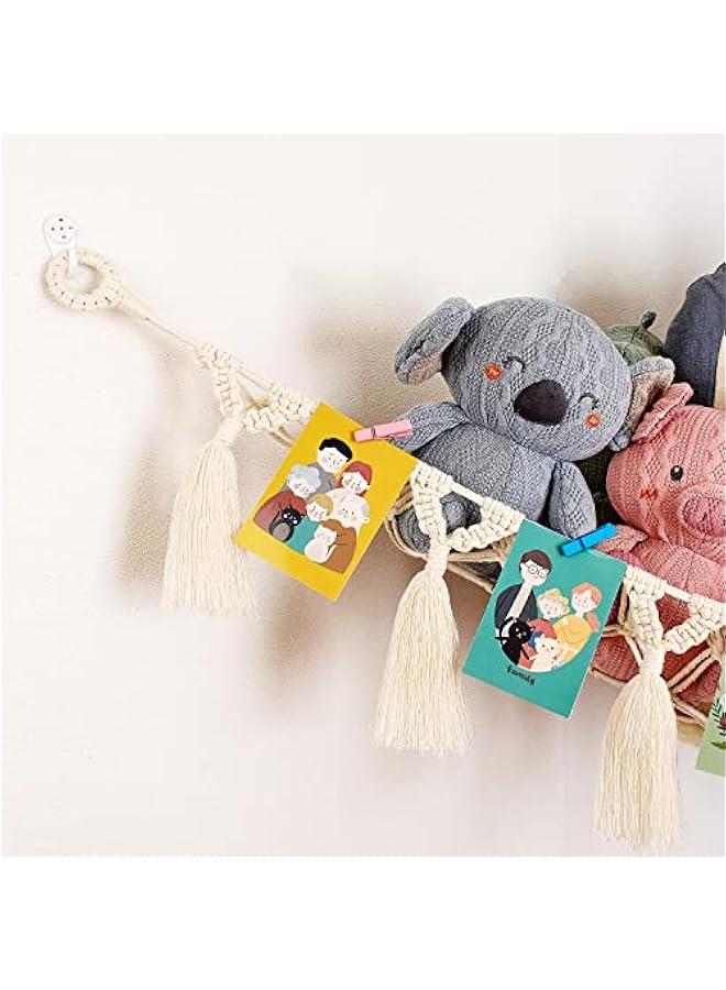 Macrame Toy Hammock - for Stuffed Animals and Plush Toys, Soft Net Storage with Wooden Photo Clips, Soft Corner Hanging Netting, White Large