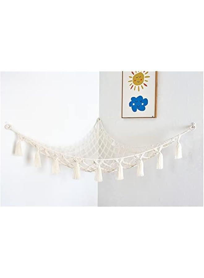 Macrame Toy Hammock - for Stuffed Animals and Plush Toys, Soft Net Storage with Wooden Photo Clips, Soft Corner Hanging Netting, White Large