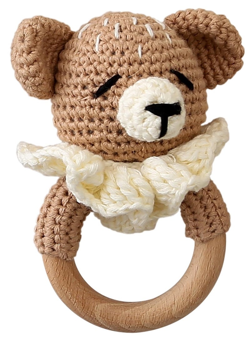 Wooden Baby Rattle with Crochet Bear, Infant Wood Animal Toy for Early Development and Grips, Newborn Stuffed Animal Rattle