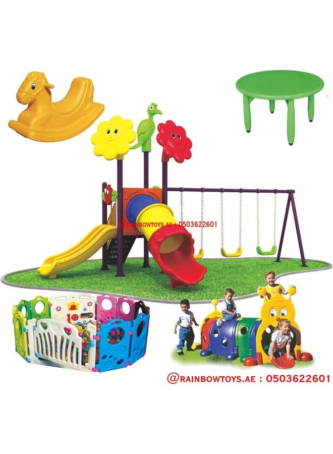 Rainbow Toys Outdoor Play Sets & Playground Equipment Games All In One Slide for kids and Swings for kids toys. Play-Ground Toys Area Size 630x430x330cm.