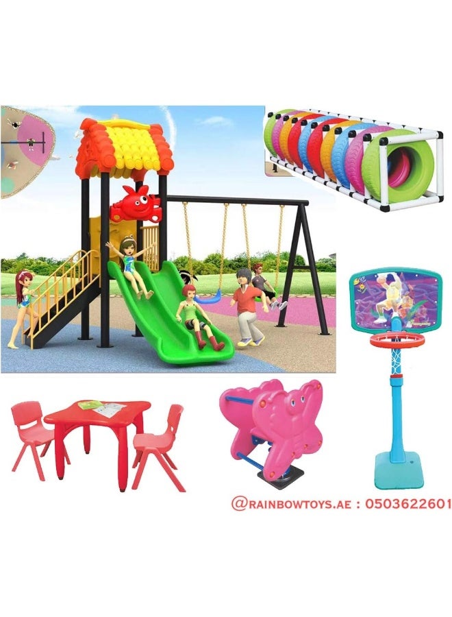 Rainbow Toys All In One Set Swings for kids & Slide for kids toys Offers, Outdoor Playground Equipment, Kids Playsets adventure. Play-Ground Toys Area Size 480x280x330cm.