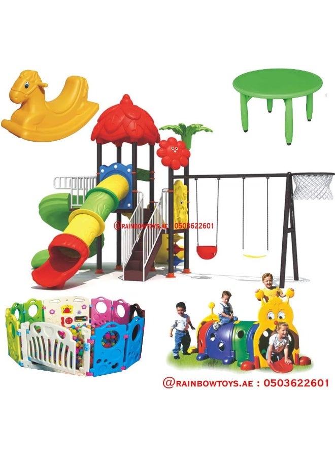 Rainbow Toys Outdoor Play Sets & Playground Equipment Games All In One Slide for kids and Swings for kids toys. Play-Ground Toys Area Size 780x630x360cm.