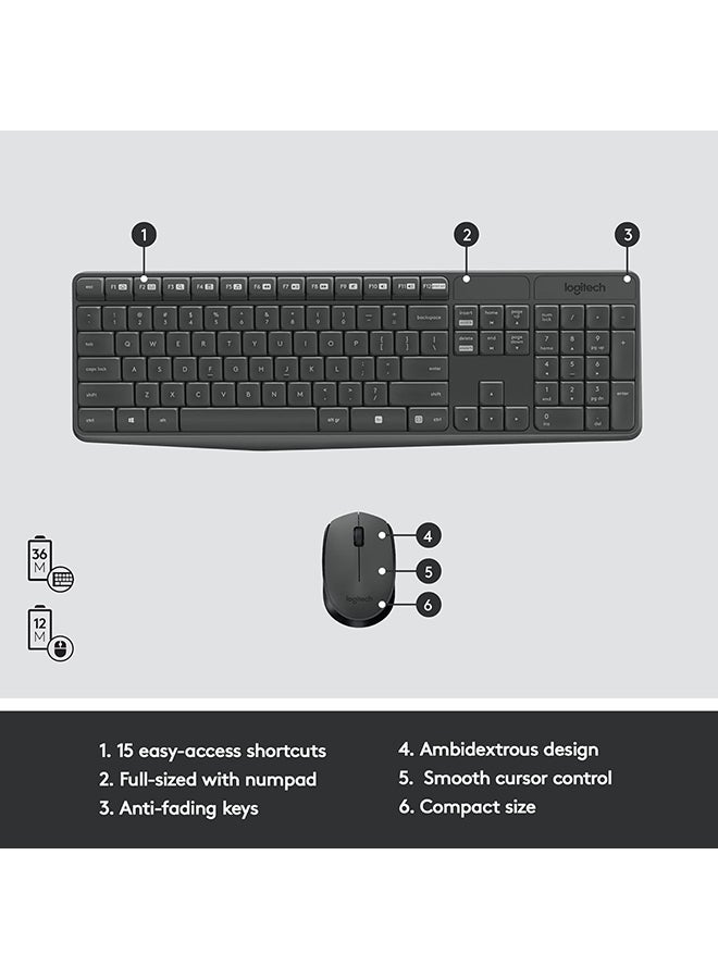MK235 Wireless Keyboard and Mouse Combo for Windows, 2.4 GHz Wireless with Unifying USB-Receiver, Wireless Mouse, 15 FN Keys, 3-Year Battery Life, PC/Laptop, US INTL Layout | Black