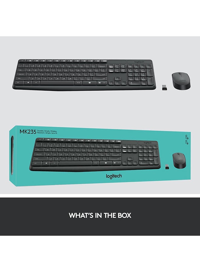 MK235 Wireless Keyboard and Mouse Combo for Windows, 2.4 GHz Wireless with Unifying USB-Receiver, Wireless Mouse, 15 FN Keys, 3-Year Battery Life, PC/Laptop, US INTL Layout | Black