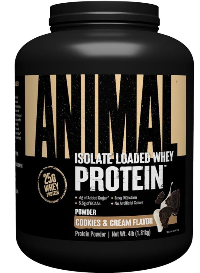 Animal Whey Isolate Protein Powder - Loaded for Pre & Post Workout Muscle Builder and Recovery with Digestive Enzymes for Men & Women - 25g Protein, Great Taste, Low Sugar - Cookies & Cream 4 lbs