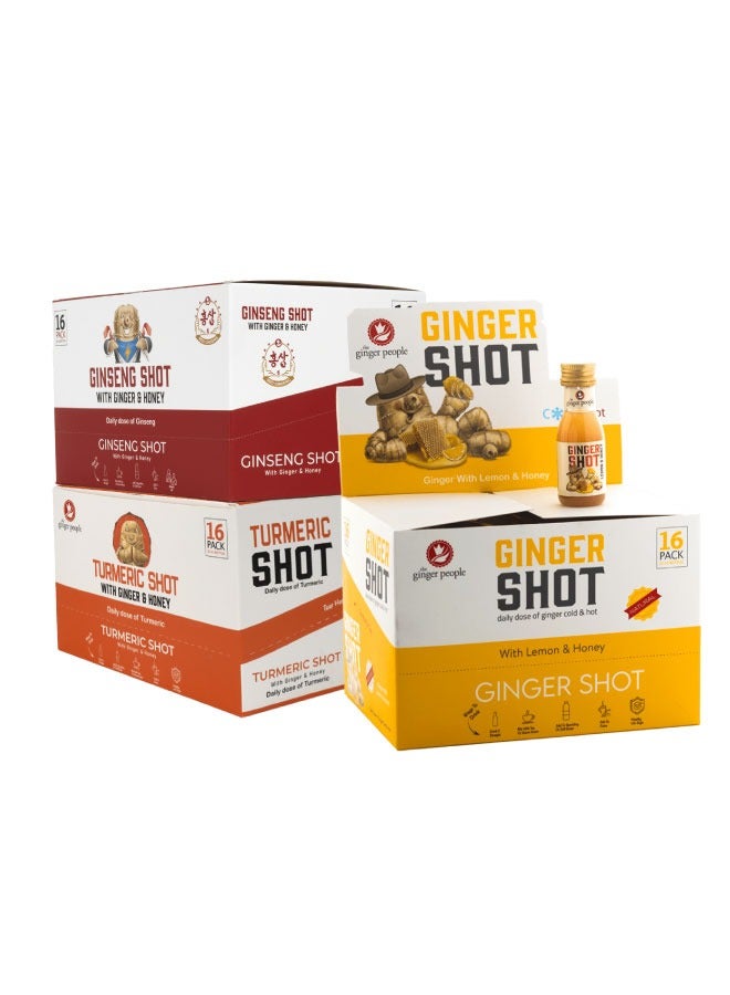 Ginger Beverages Set (Ginger Shot 30Ml Pack of 16pc with Ginseng Shot 30Ml Pack of 16pc with Turmeric Shot Pack of 16pc)