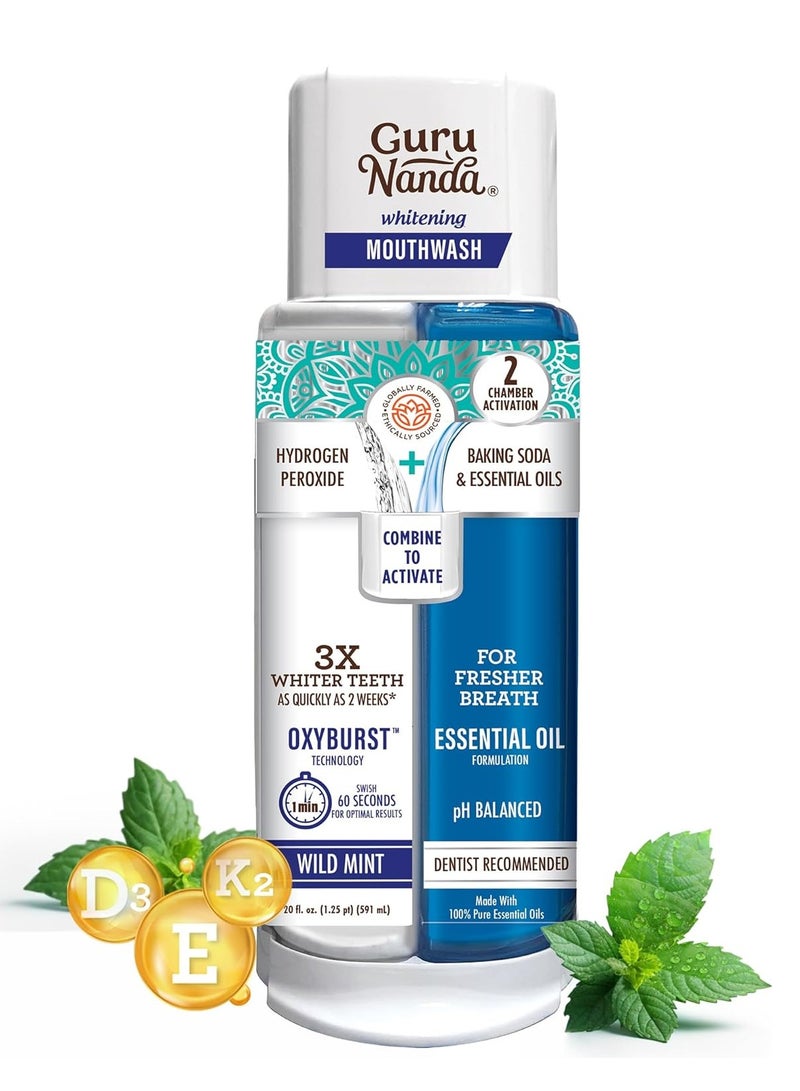 GuruNanda Dual Barrel Oxyburst Whitening Mouthwash - Contains Hydrogen Peroxide to Promote Whiter Teeth - Alcohol & Fluoride Free Rinse with 100% Natural Essential Oils, Wild Mint Flavor - 20 Fl Oz