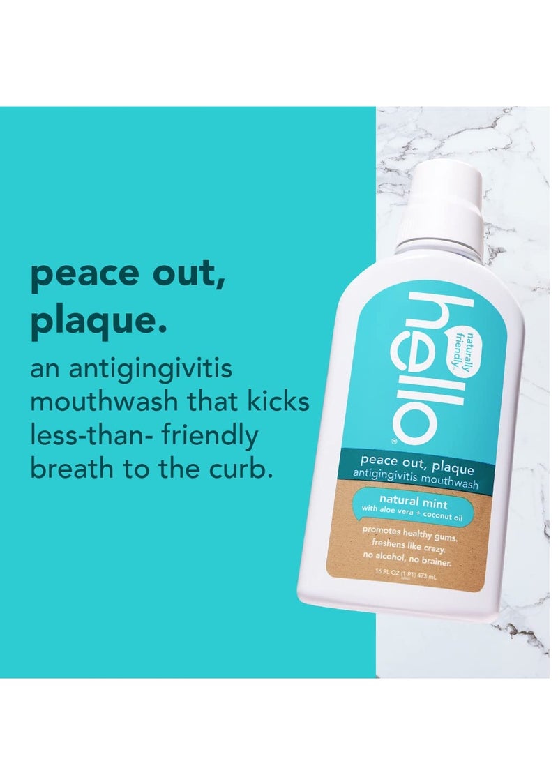 Hello Peace Out Plaque, Antigingivitis Alcohol Free Mouthwash, Natural Mint with Aloe Vera and Coconut Oil, Fluoride Free, Vegan, SLS Free and Gluten Free, 16 Ounce (Pack of 3)