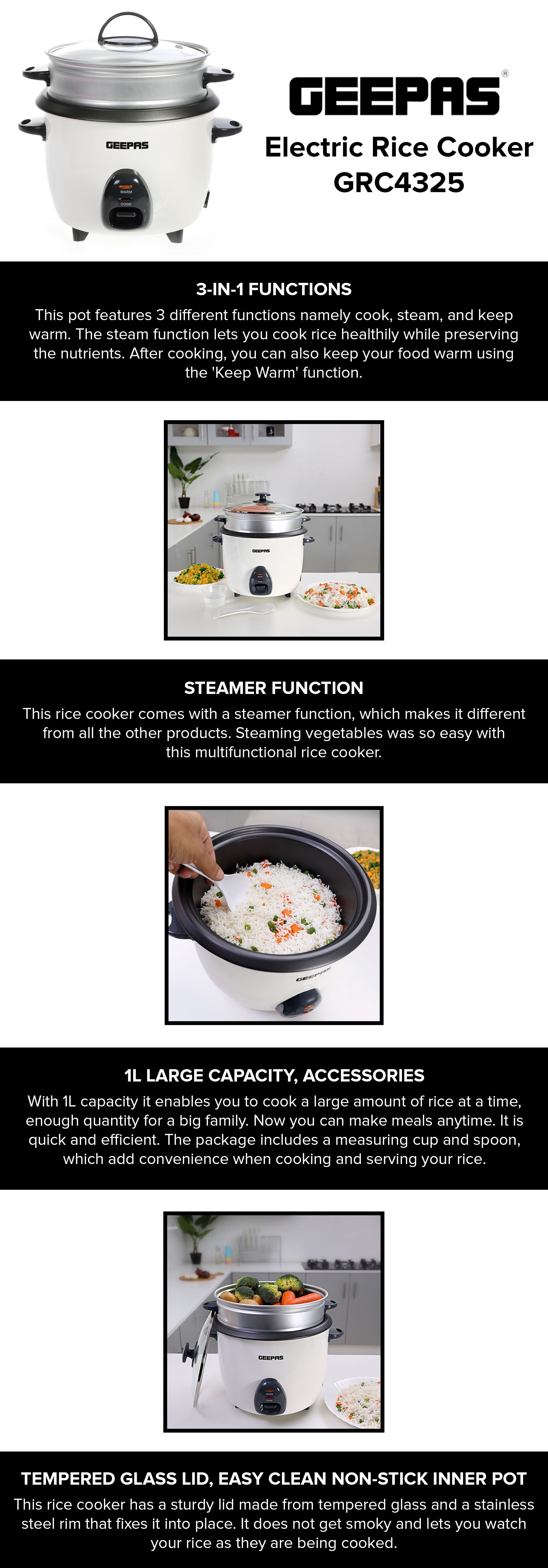 Electric Rice Cooker 1 L 1.0 L 400.0 W GRC4325 White/Black/Clear