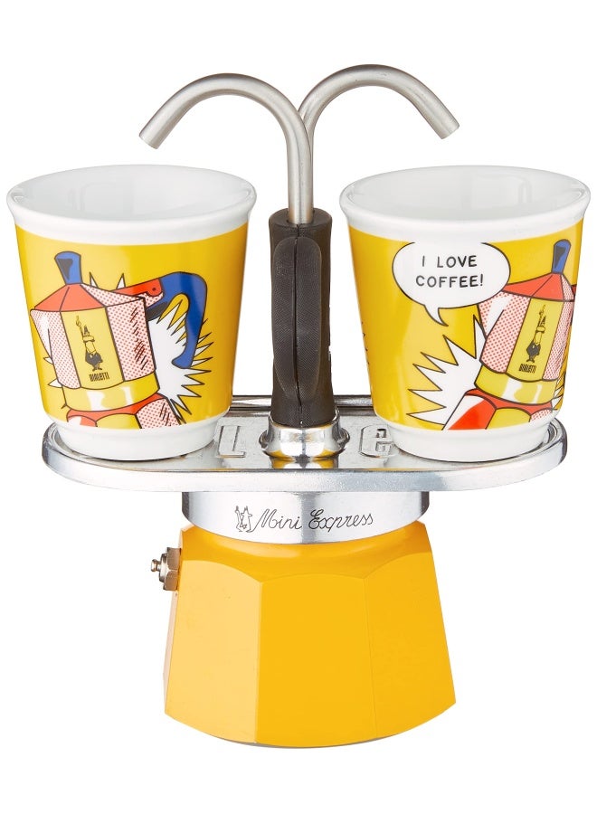 Bialetti - Mini Express Lichtenstein  Moka Set includes Coffee Maker 2-Cup  2.8 Oz    2 shot glasses  Yellow  Aluminium