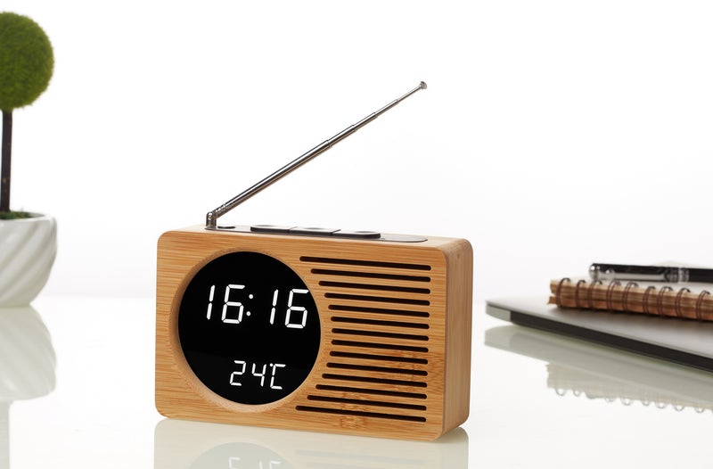 Supply retro bedside radio alarm clock Wood lazy mute alarm clock creative gift electronic clock (Horizontal bar net) radio real bamboo mirror White Light