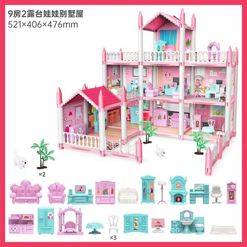 Childrens Playhouse Dollhouse Princess Villa Toy Set [462-09 pink three-layer 9-room] Color box