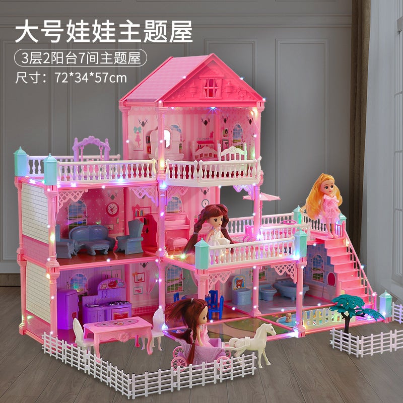 Childrens simulation play house girl toy princess castle toy house Villa doll house birthday gift for 3-6 years old Large-VC8023(3 floors, 2 balconies, 7 rooms) + LED lights