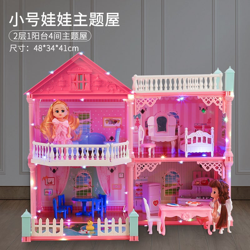 Childrens simulation play house girl toy princess castle toy house Villa doll house birthday gift for 3-6 years old Small-VC8021(2 floors, 1 balcony, 4 rooms) + LED lights