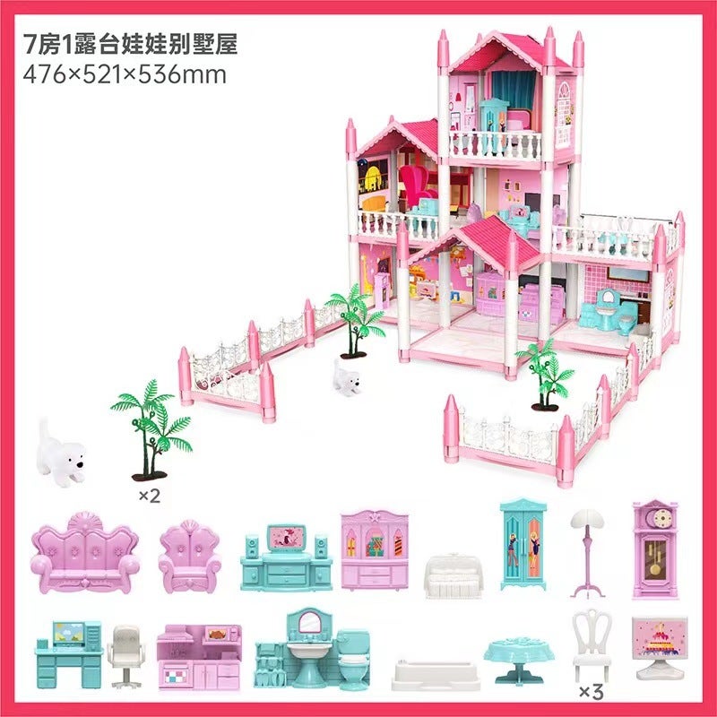 Childrens Playhouse Dollhouse Princess Villa Toy Set [462-07 pink three-layer 7-room] Color box