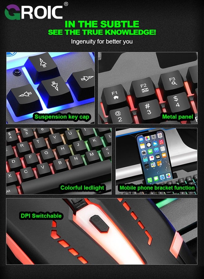 Black T25 Luminous Gaming Keyboard & Mouse Combo, 104 Key Wired Metal Panel Mechanical Hand Feeling E-sports Mouse and Keyboard Set with Mobile Phone Holder, Keyboard for Windows PC