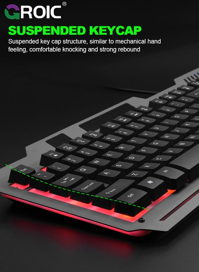 Black T25 Luminous Gaming Keyboard & Mouse Combo, 104 Key Wired Metal Panel Mechanical Hand Feeling E-sports Mouse and Keyboard Set with Mobile Phone Holder, Keyboard for Windows PC