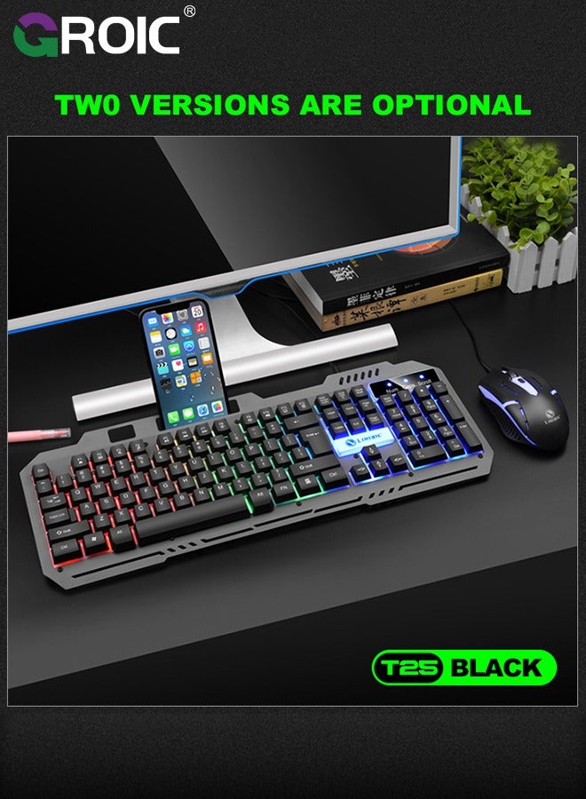 Black T25 Luminous Gaming Keyboard & Mouse Combo, 104 Key Wired Metal Panel Mechanical Hand Feeling E-sports Mouse and Keyboard Set with Mobile Phone Holder, Keyboard for Windows PC