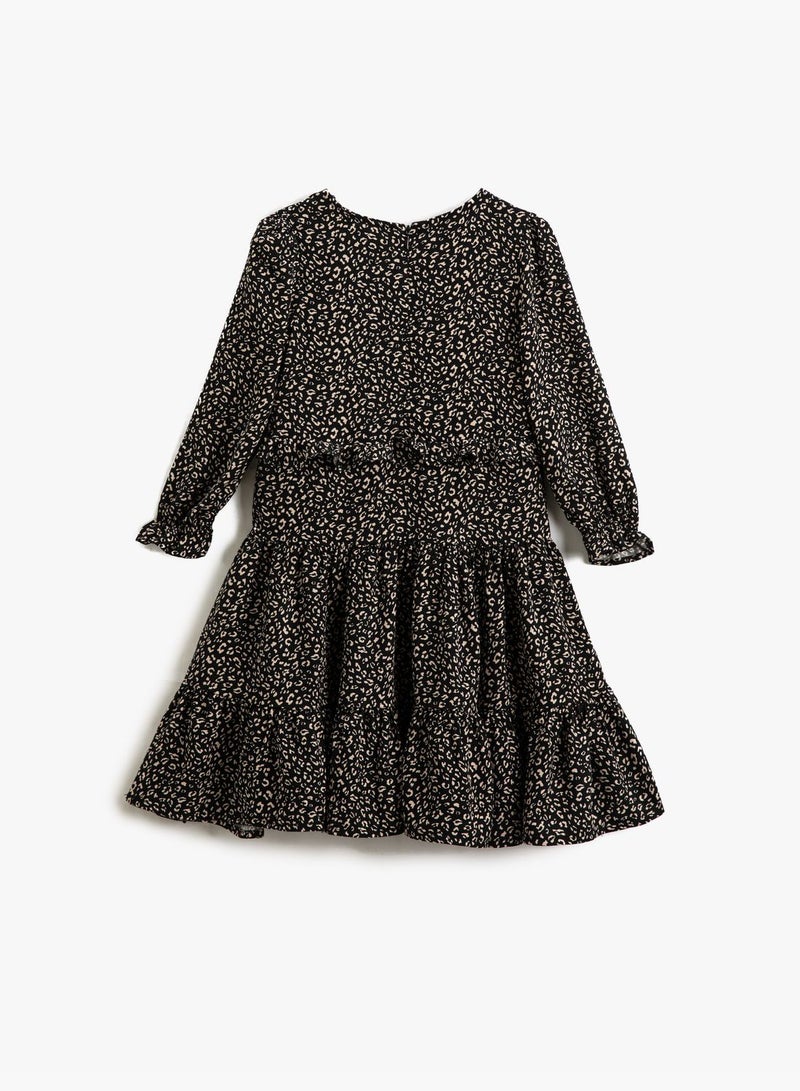 Animal Printed Ruffles Dress Long Sleeve Elastic Cuffs V Neck