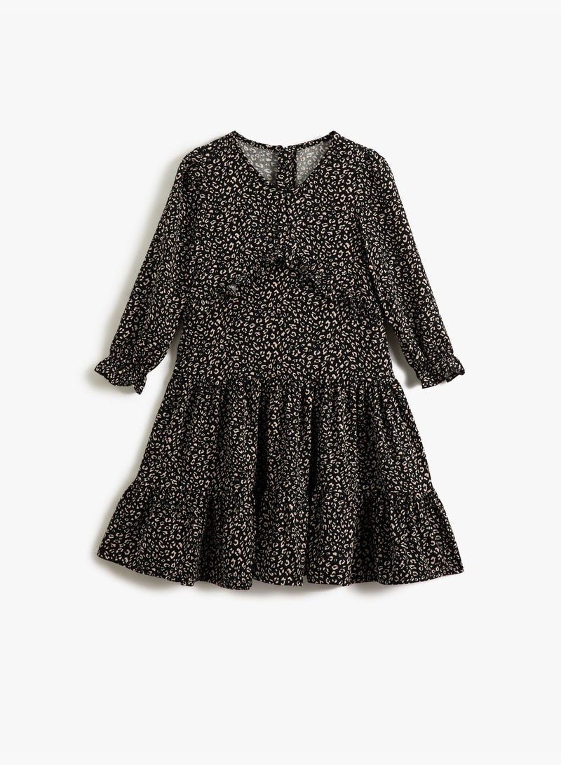 Animal Printed Ruffles Dress Long Sleeve Elastic Cuffs V Neck