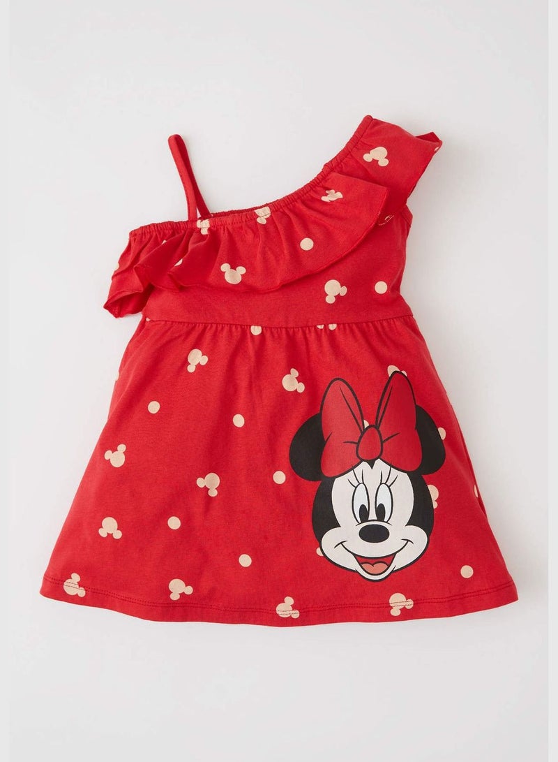 One Shoulder Frill Detail Minnie Mouse Print Mini Dress