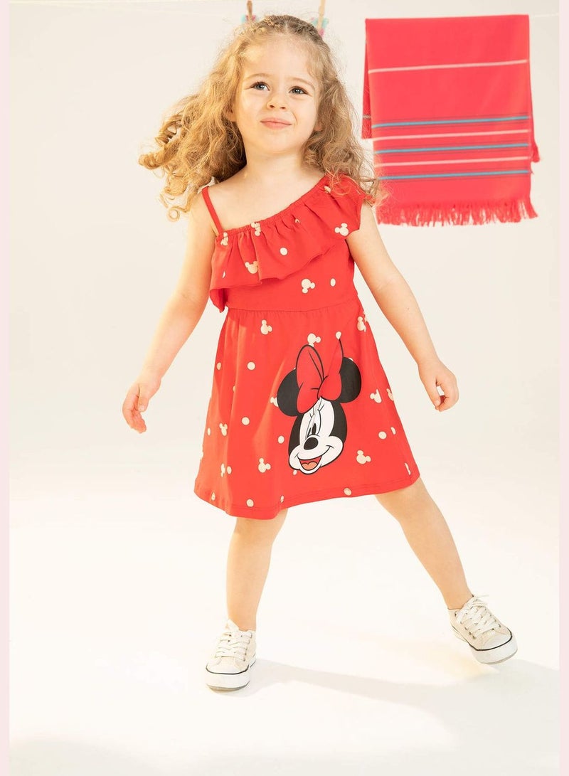 One Shoulder Frill Detail Minnie Mouse Print Mini Dress