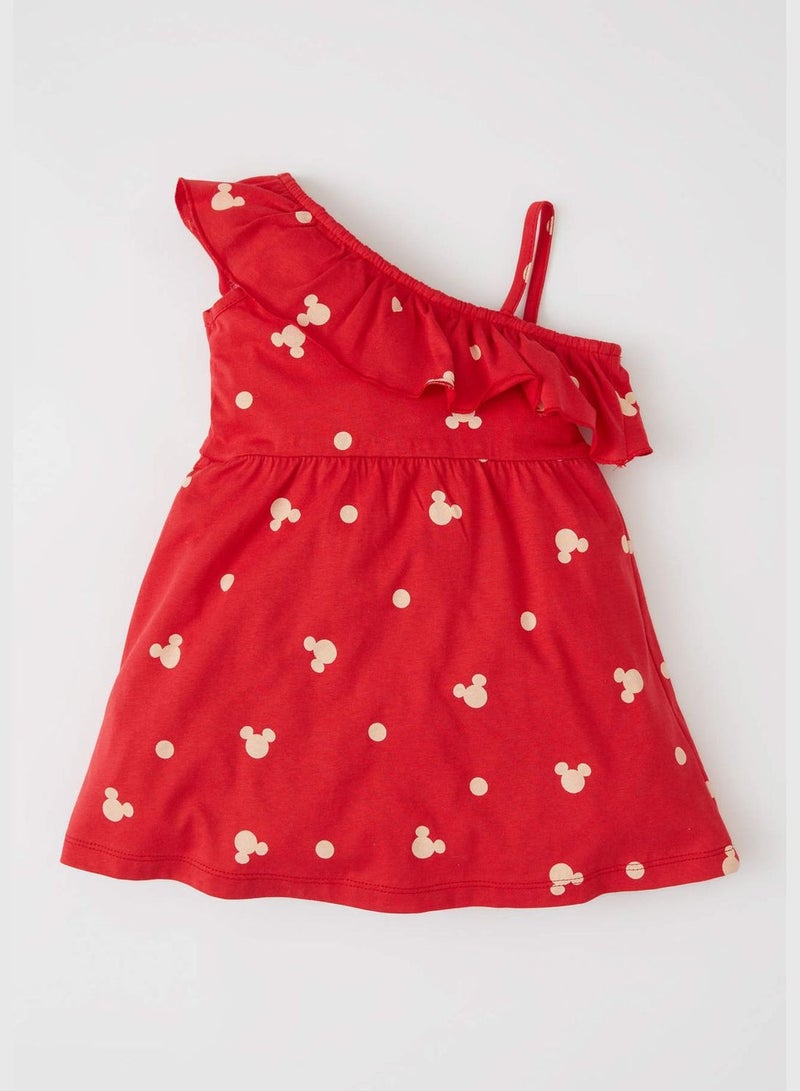 One Shoulder Frill Detail Minnie Mouse Print Mini Dress