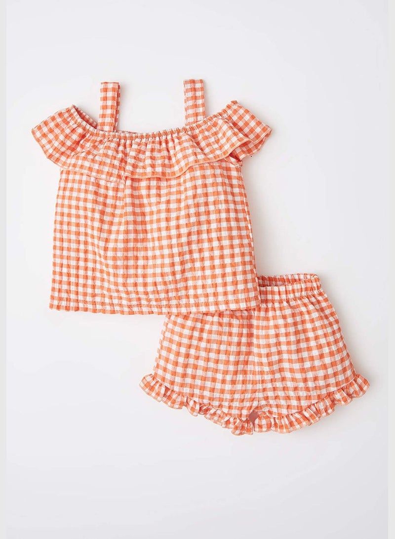 Regular Fit Short Sleeve Check Print Blouse & Short Set