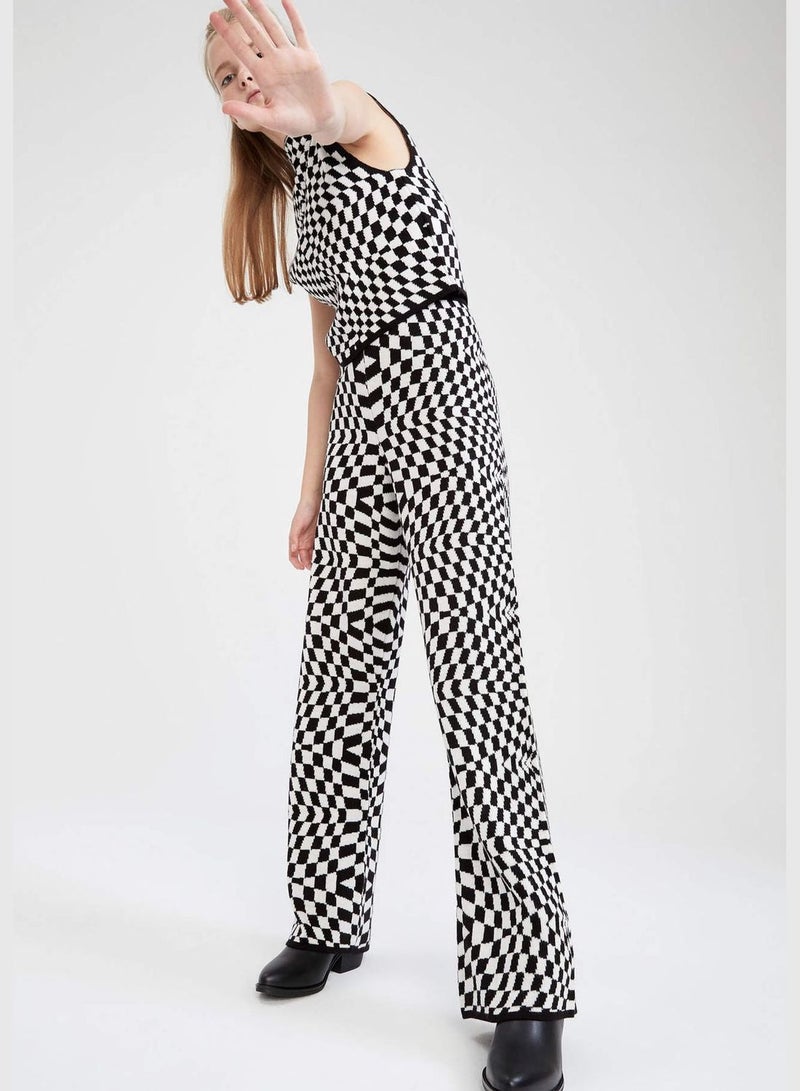 Relax Fit Wide Leg Checkers Print Trousers