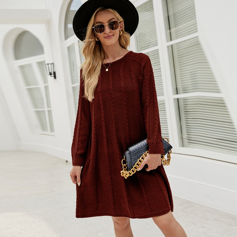 Cross-border foreign trade popular autumn and winter fashion solid color long sweater dress round neck twisted loose A- line knitted dress Wine red sweater dress