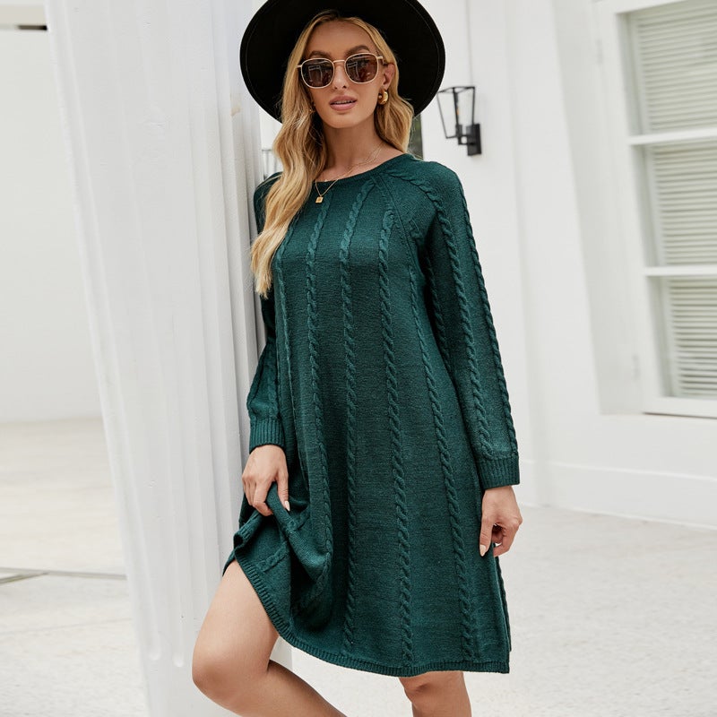 Cross-border foreign trade popular autumn and winter fashion solid color long sweater dress round neck twisted loose A- line knitted dress Dark green sweater dress