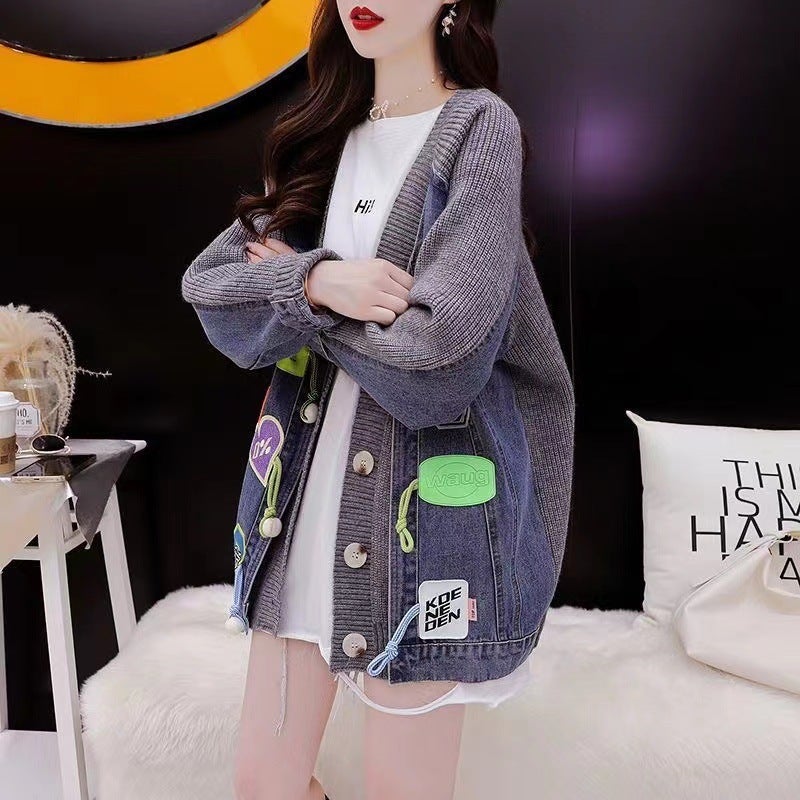 Denim Patchwork Sweater Cardigan Womens 2022 New Autumn Loose Lazy Style Design Knitted Coat Top Gray [plate buckle denim splicing]]