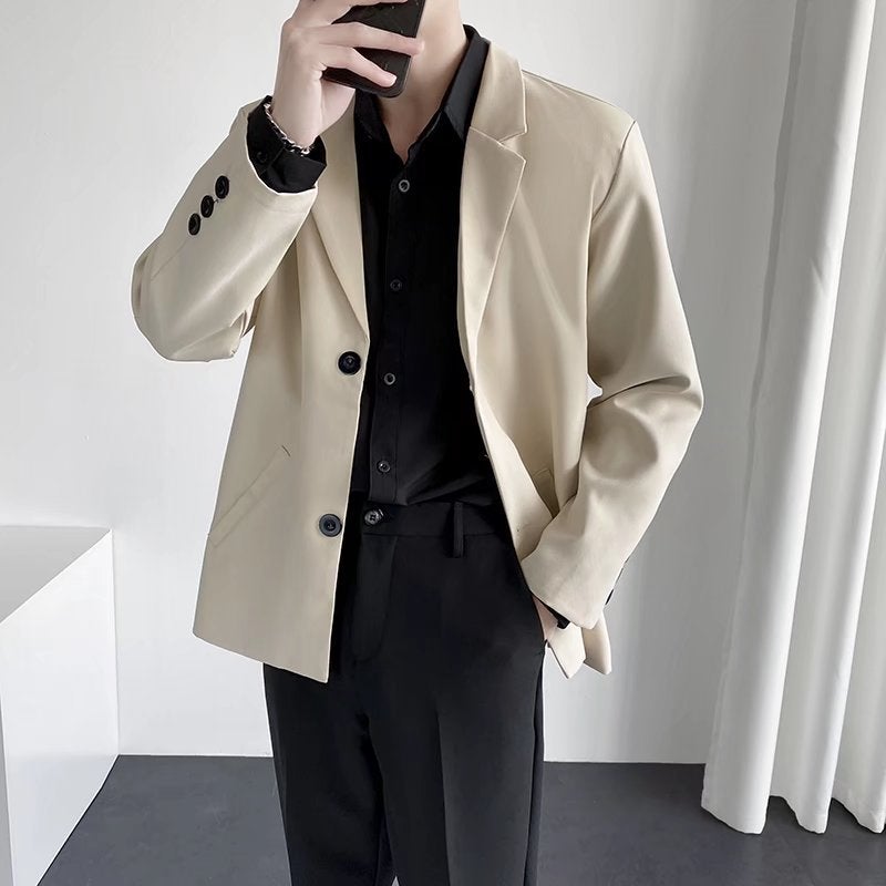 Hong Kong Style Trendy Casual Suit Jacket Mens Spring and Autumn Ruffian Shuai Fried Street Loose ins Handsome Small Suit Top X01 apricot