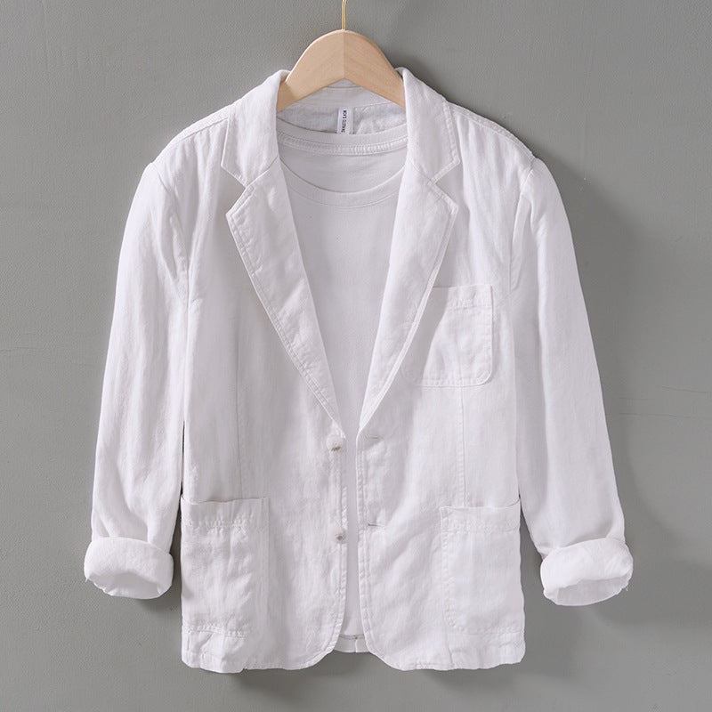 L948 spring retro flat collar linen handsome small suit mens casual loose artistic cotton and linen suit jacket White