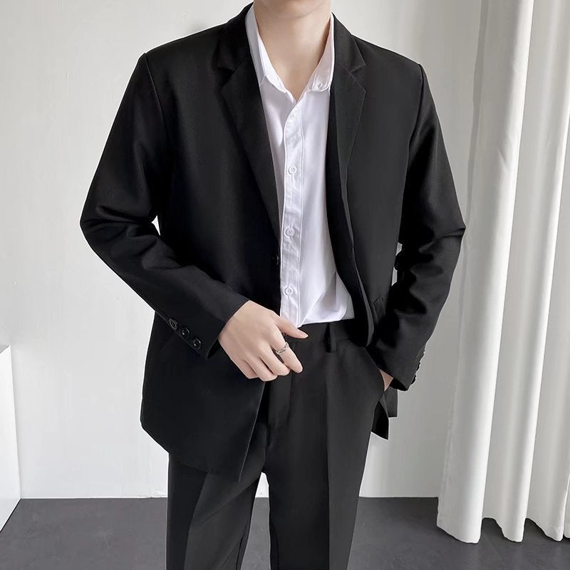 Hong Kong Style Trendy Casual Suit Jacket Mens Spring and Autumn Ruffian Shuai Fried Street Loose ins Handsome Small Suit Top X01 Black