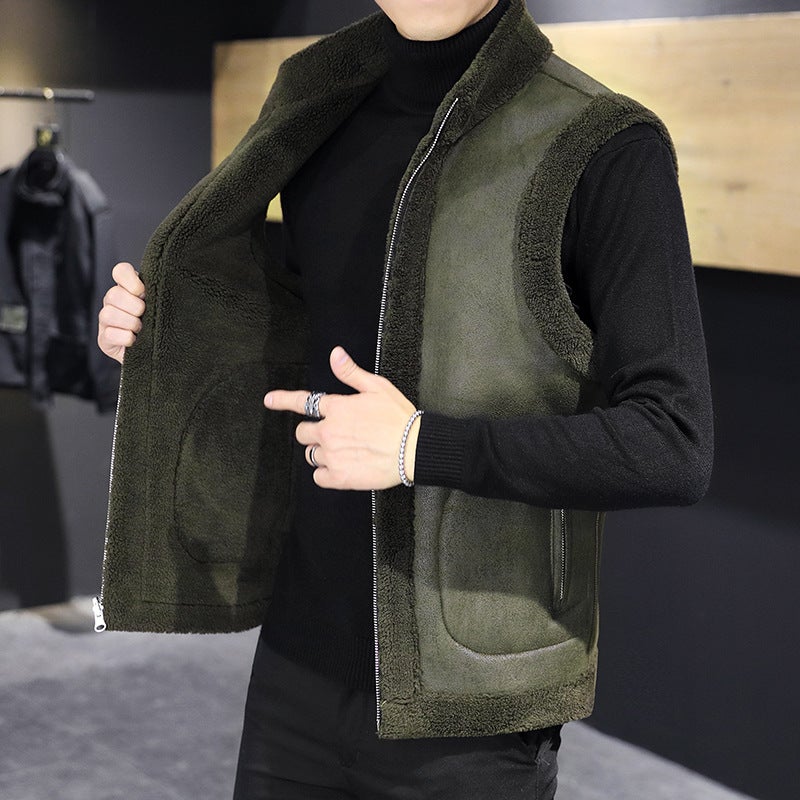 2024 Mens Reversible Fur Vest Casual Fleece Army Green