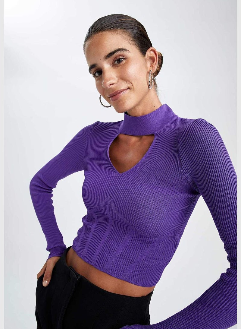 Woman Fitted Mock Neck Long Sleeve Tricot Pullover