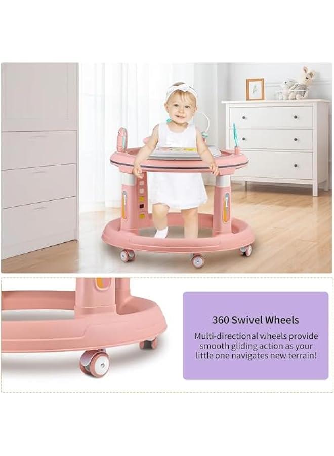 Multi-Function Baby Walker Foldable Baby Walker for Boys and Girls, 3 in 1 Toddler Walker Learning-Seated or Walk-Behind Adjustable Speed Rear Wheels Safety Bumper Detachable Seat Cover (Pink 2)