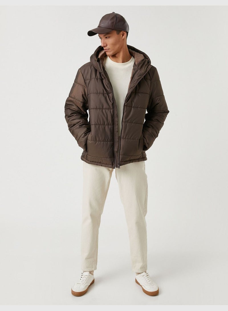 Basic Puffer Coat Zippered Hooded Pocket Detail