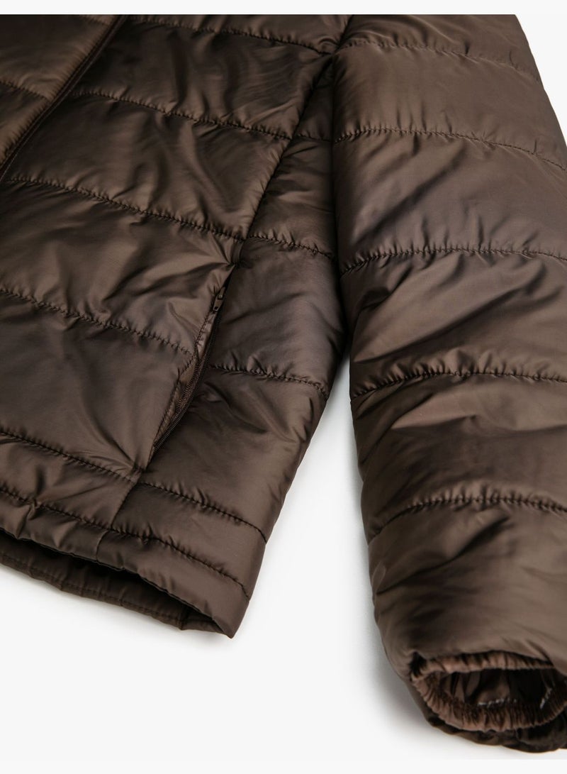 Basic Puffer Coat Zippered Hooded Pocket Detail