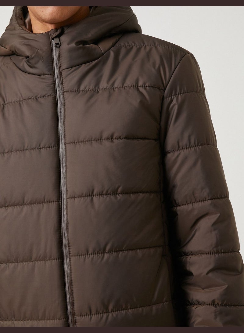 Basic Puffer Coat Zippered Hooded Pocket Detail