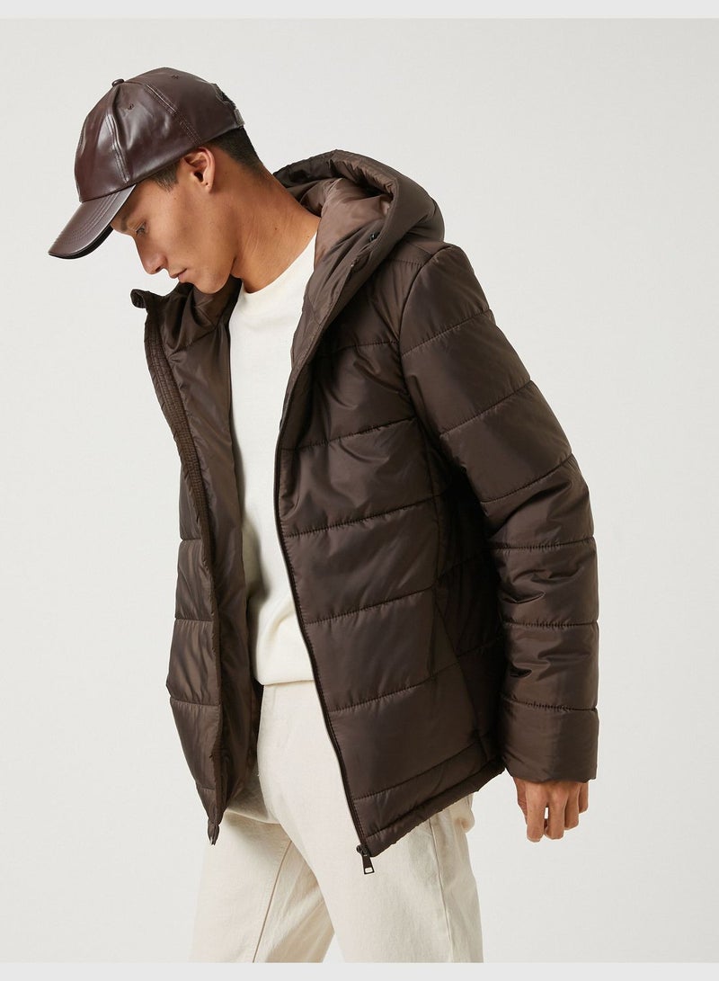 Basic Puffer Coat Zippered Hooded Pocket Detail